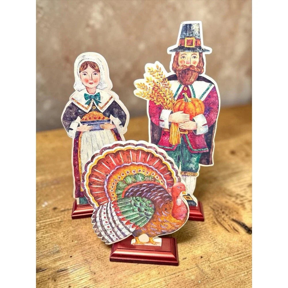 3 Vtg Hallmark Thanksgiving Pilgrims Turkey Die Cut Wooden Stand Decorations